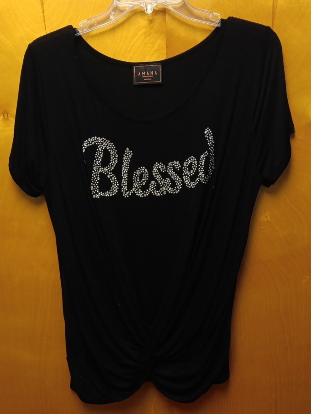 Amiana Black Rhinestone "Blessed" Knot-Front Short Sleeve Tee